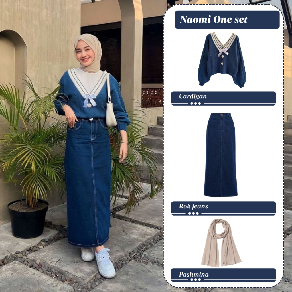 Naomi One Set Wanita Casual Chic Look Sweater Rok Jeans Pasmina Daily Outfit Kampus Ootd Simple