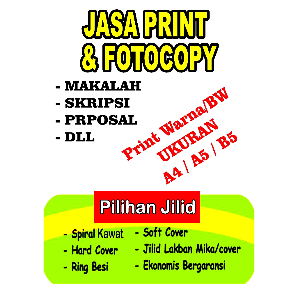 

PRINT / CETAK BUKU Cepat A4, A5, B5, F4, A3 100/80 gsm ,SKRIPSI, TESIS, DOKUMEN, CETAK BUKU, MAKALAH, PROPOSAL
