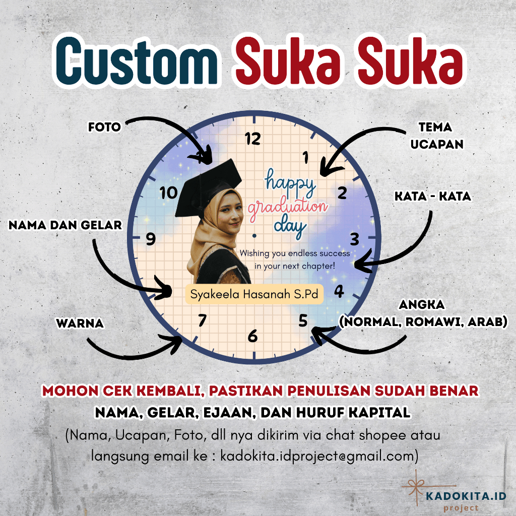 Jam Dinding Custom Wisuda – Hadiah Graduation Unik, Bisa Custom Nama & Foto, Kado Kelulusan Cewek Co