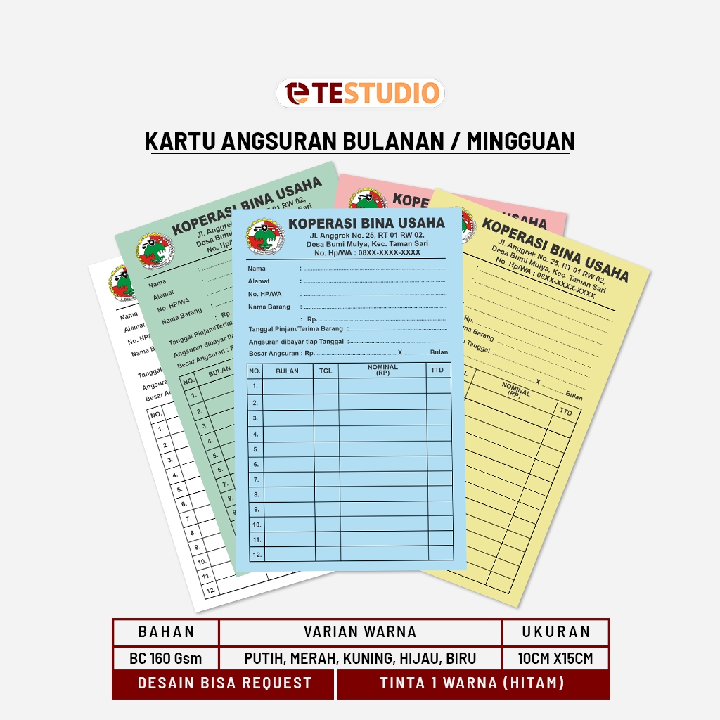 

Kartu Angsuran Bulanan / Kartu Angsuran Mingguan / Kartu Angsuran Koperasi / Kartu Angsuran Home Kredit / Kartu Iuran