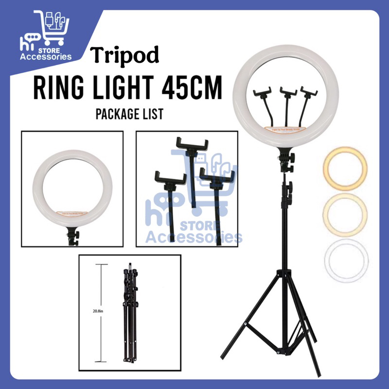 HSA - Paket Tripod Live Streaming 2.1 Meter Plus Selfie Ringlight Lampu Led Ukuran Besar 45cm / Ring