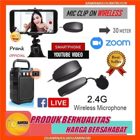 Microphone Mic Clip On Wireless UHF Youtuber PRANK VLOG untuk Smartphone HP /Kamera Mirroless DSLR