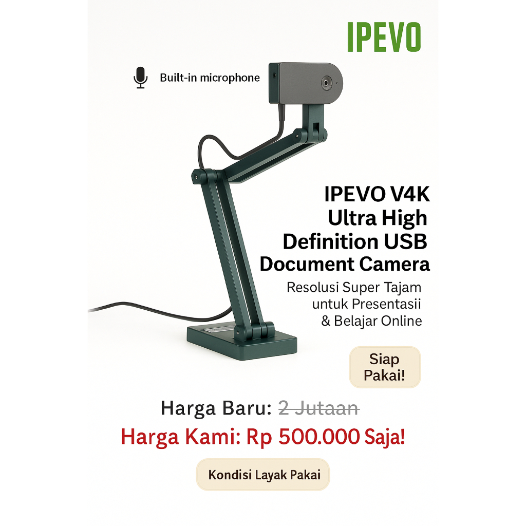 IPEVO V4K Kamera Dokumen USB 4K Ultra HD | Cocok Untuk Guru, Meeting, WFH