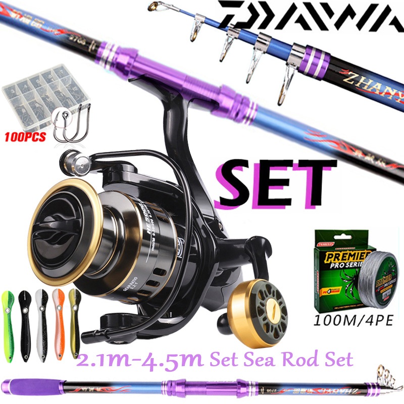 Daiwa joran pancing set 2.4-4.5m Telescopic Spinning Fishing Combo Portabel Ultralight Rod dan 12BB 