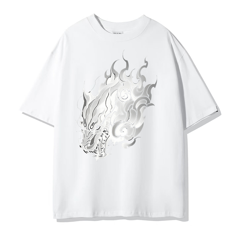 Kaos Pria Oversize Putih/ T - shirt Kaos/ Kaos Motif Naga Berapi Kreatif/ Kaos Katun 100%/ Kaos Desa