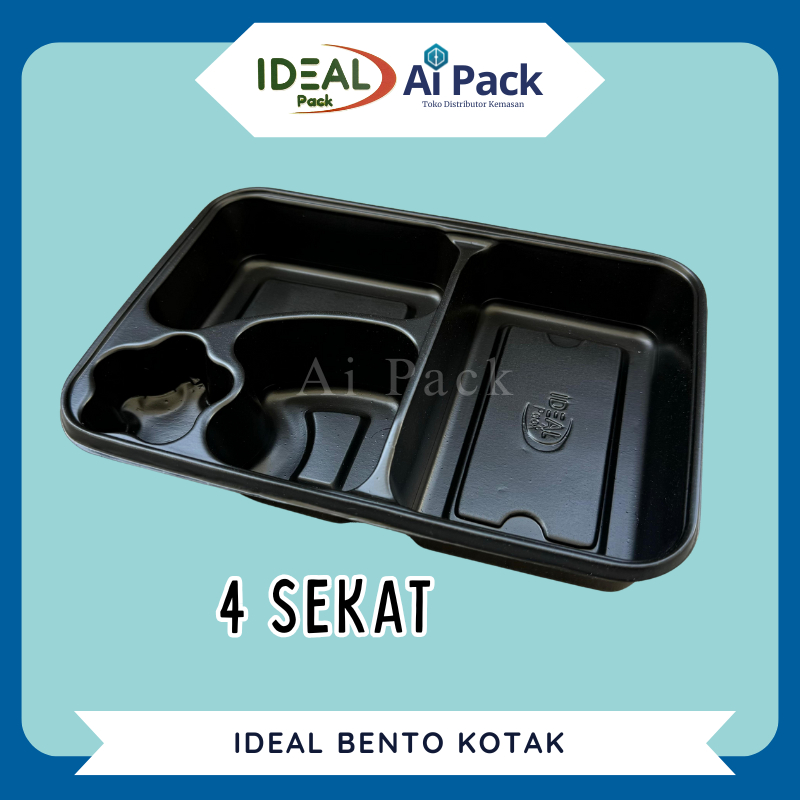 (ISI 50 BIJI) IDEAL Mika Bento Kotak 4 Sekat + Tutup PET / Bento Persegi Panjang Hitam Bersekat