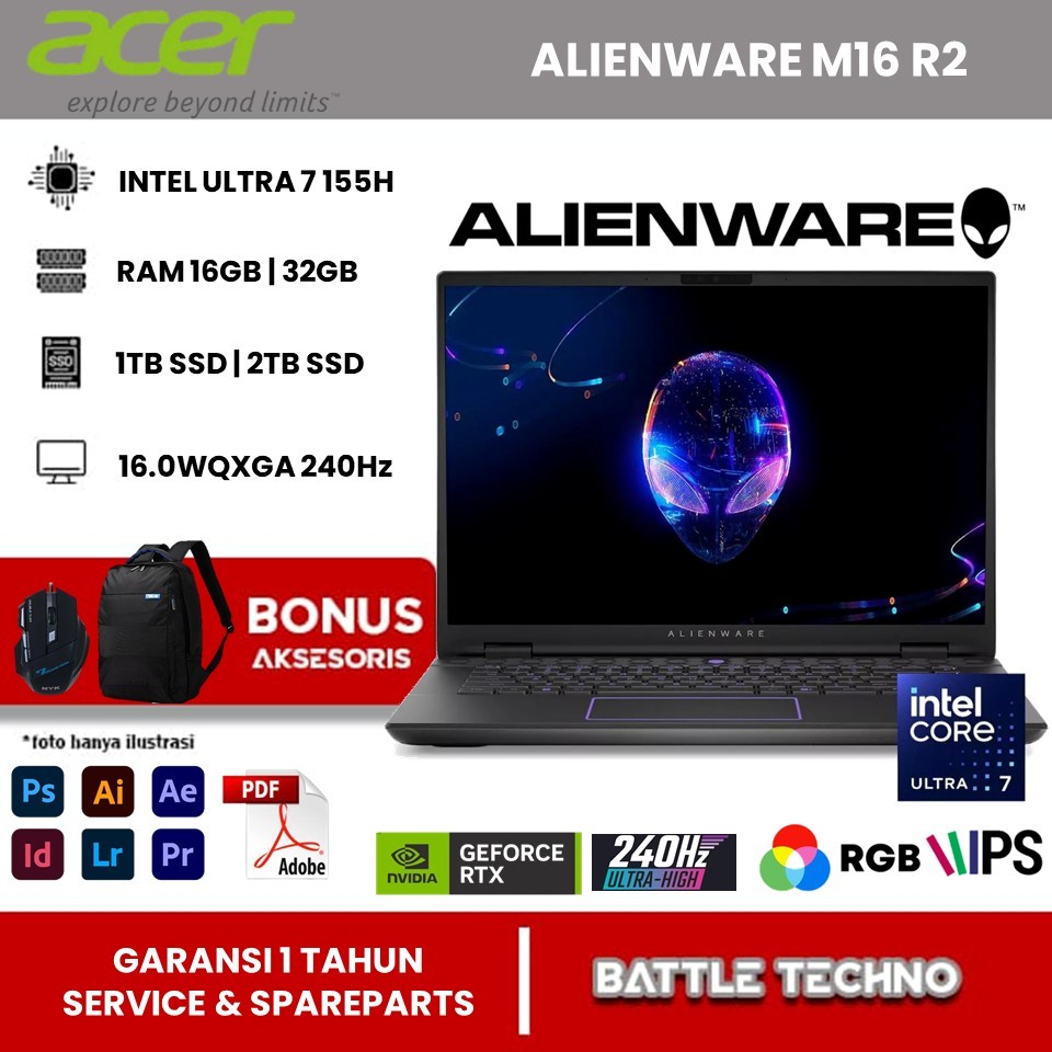 Laptop Gaming DELL Alienware M16  Intel Ultra 7 155H RAM 32GB 2TB SSD RTX4070 8GB WQXGA 240Hz Win11