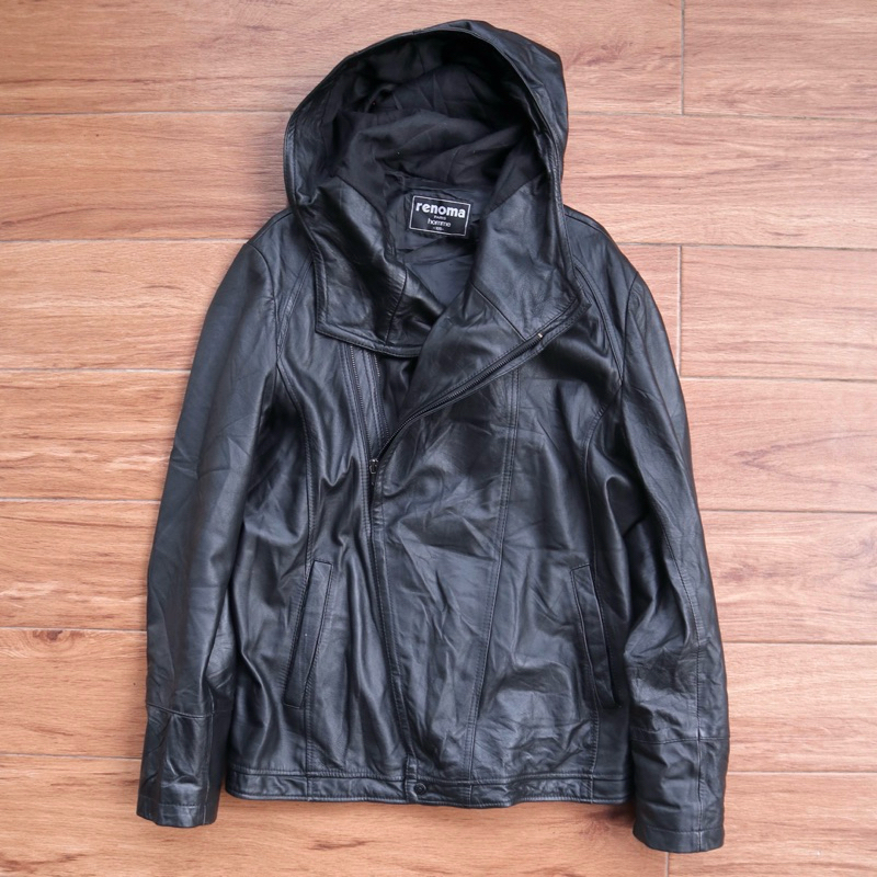 RENOMA Paris L hoodie jaket kulit asli domba hudi topi hodie slim cewek cowok double zipper genuine 