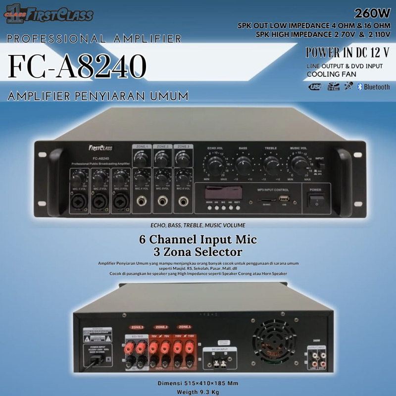 Amplifier Corong Firstclass FC A8240 / FCA 8240 / FC-A8240 Original 260 watt 3 Zone