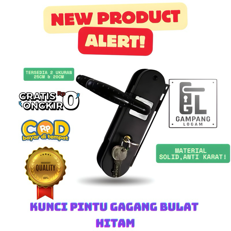 Kunci Pintu Gagang Bulat Hitam 20cm 25cm - Gagang Pintu Anti Karat Logam Solid - Handle Pintu Rumah 