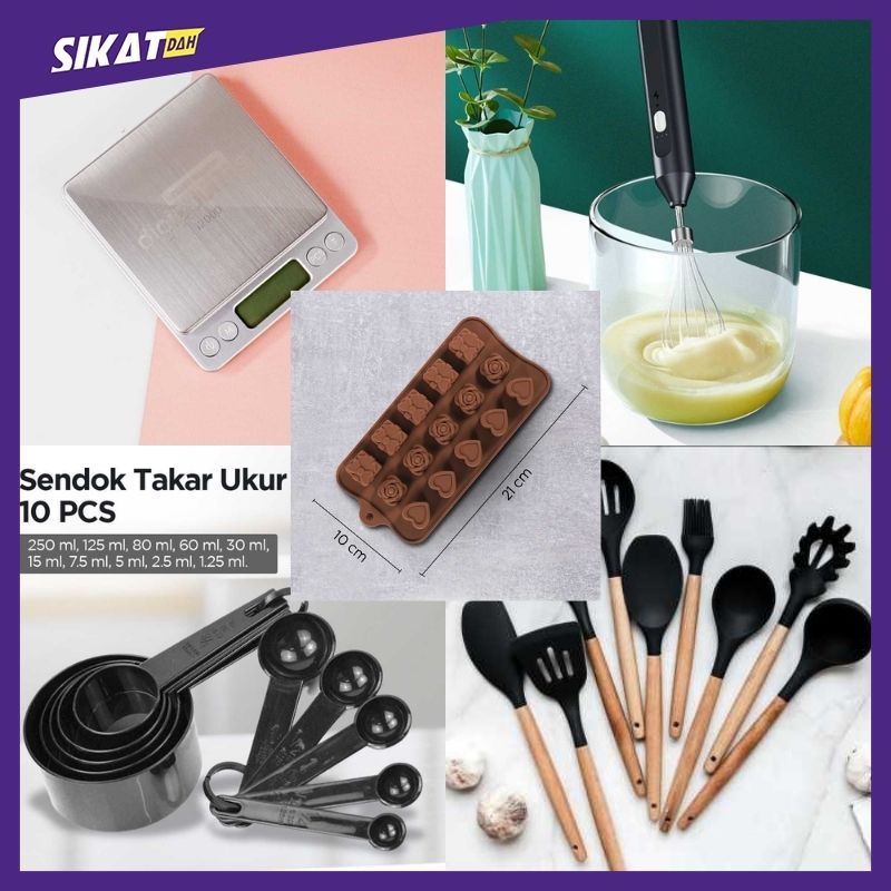 [ Paket Home Baking ] Timbangan Mini Mixer Handheld Spatula Silikon Sendok Takar Cetakan Coklat Kue