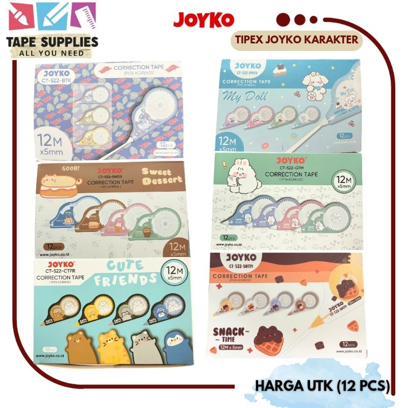 

(12 pcs) Tipe x Kertas karakter CT-522 LENGKAP / Correction Tape / Pita Koreksi JOYKO KARAKTER