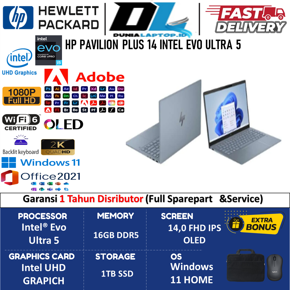 Laptop HP Pavilion Plus 14 Intel Evo Ultra 5 125H 16GB DDR5 1TB SSD 2K Oled 120Hz Windows 11 Ori