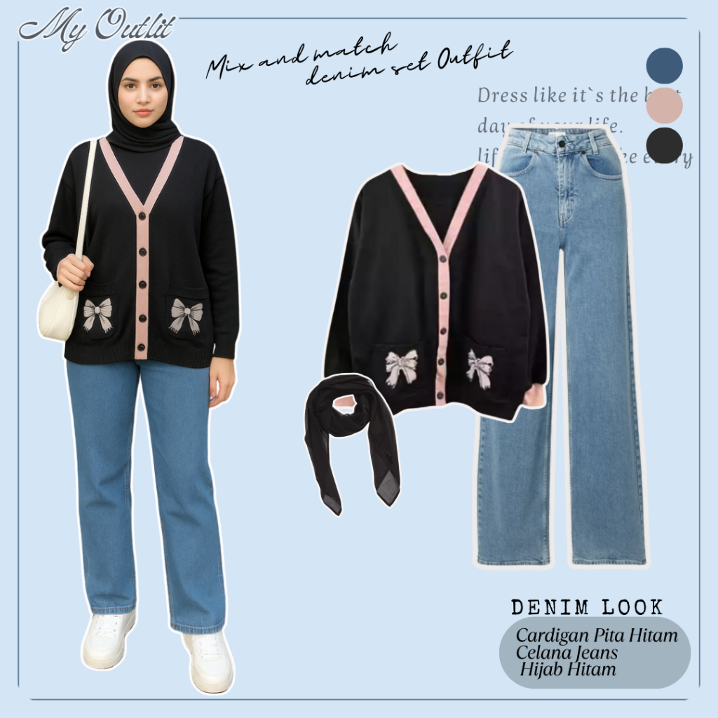 OOTD Modis Remaja Set ( Cardigan Pita Hitam , Celana jeans , Hijab Hitam ) Inspirasi Fashion Wanita 
