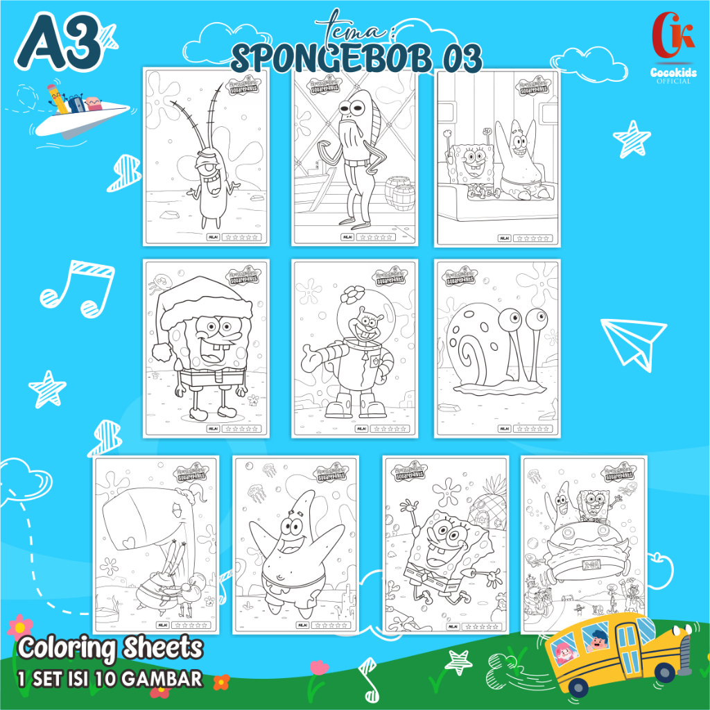 

(SPONGEBOB 03) KERTAS MEWARNAI ANAK A3 - COLORING SHEETS SERIES 1 - LEMBAR MEWARNAI ANAK PAUD/TK/SD