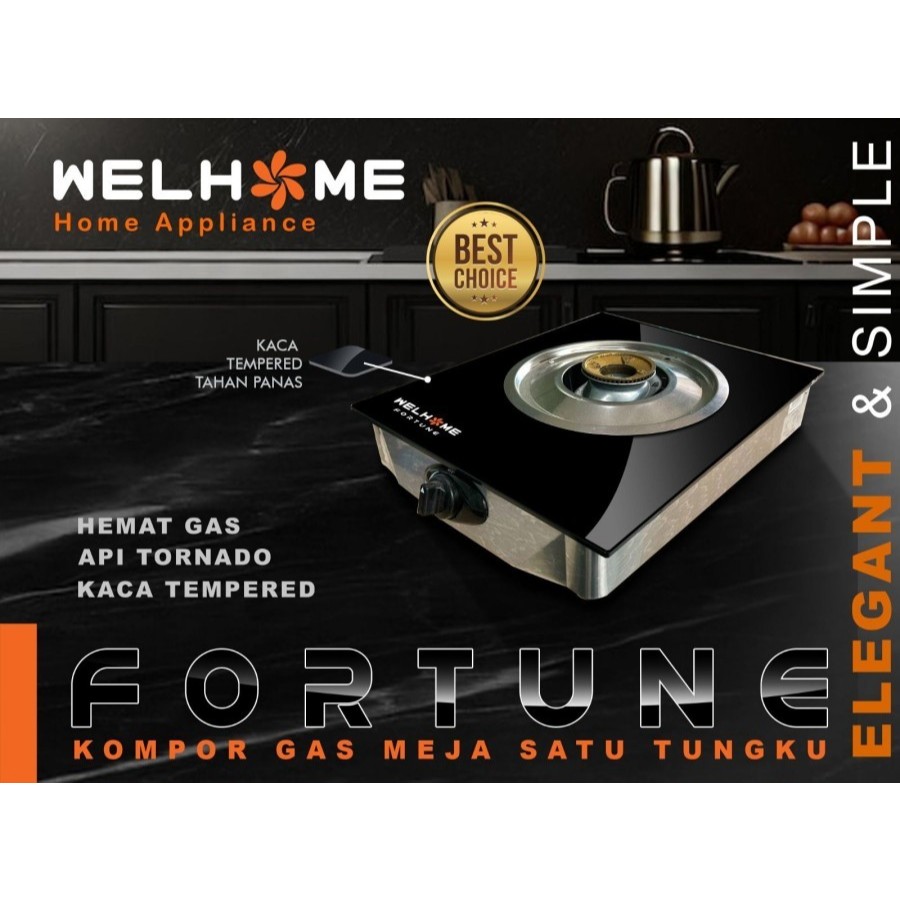 Kompor 1 Tungku Welhome Fortune Kompor Gas 1 Tungku Kaca Tempered Glass