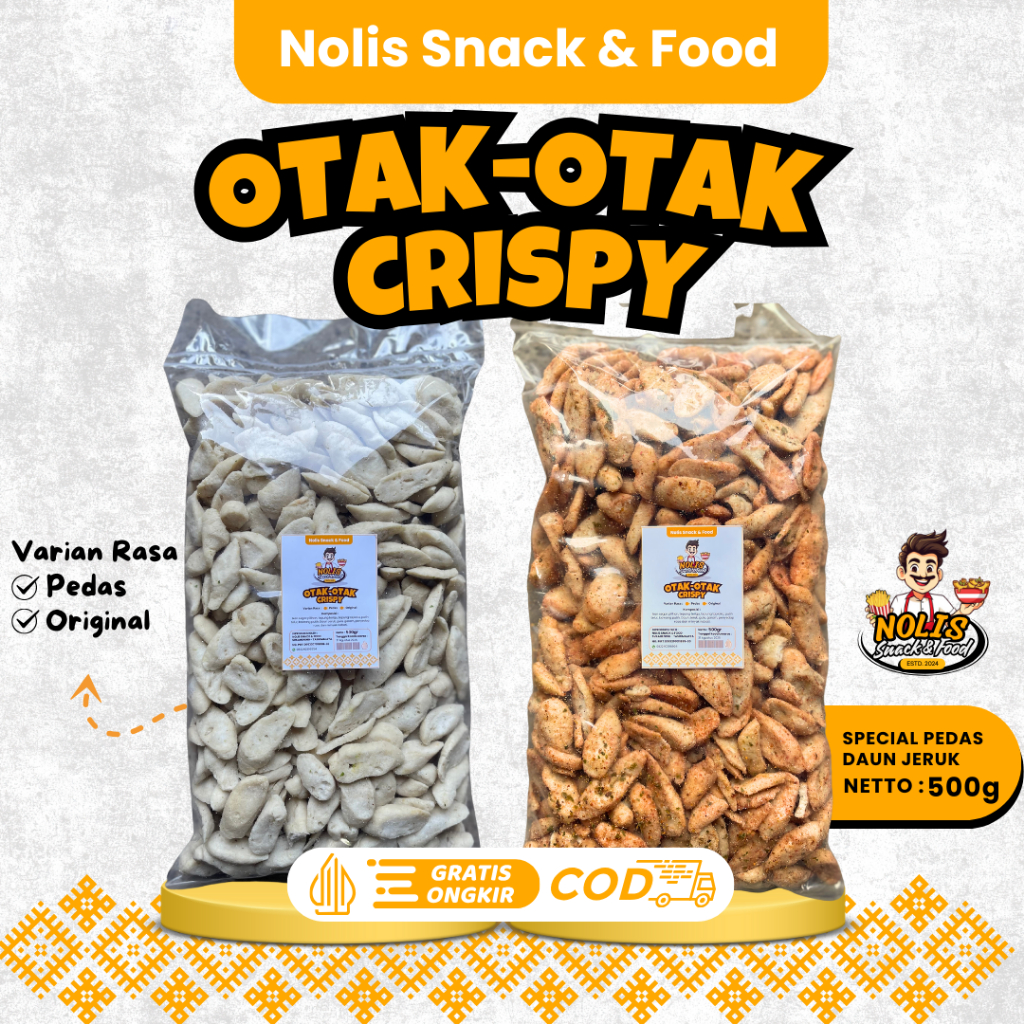 

500gram - OTAK-OTAK CRISPY PEDAS DAUN JERUK DAN ORIGINAL | NOLIS SNACK & FOOD // Basreng viral
