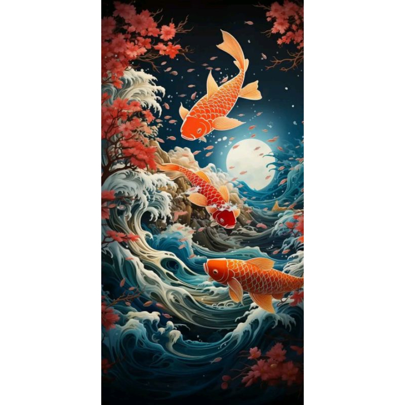 Lukisan Cetak, IKAN MAS KOI, Ukuran JUMBO, 70x100cm DAN 100x150cm/Poster Cetak/Hiasan Dinding/TANPA 