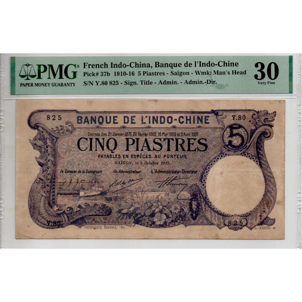Uang Kuno French Indochina 5 Piastres 1915 Pick 37b Rare (PMG 30 VF)