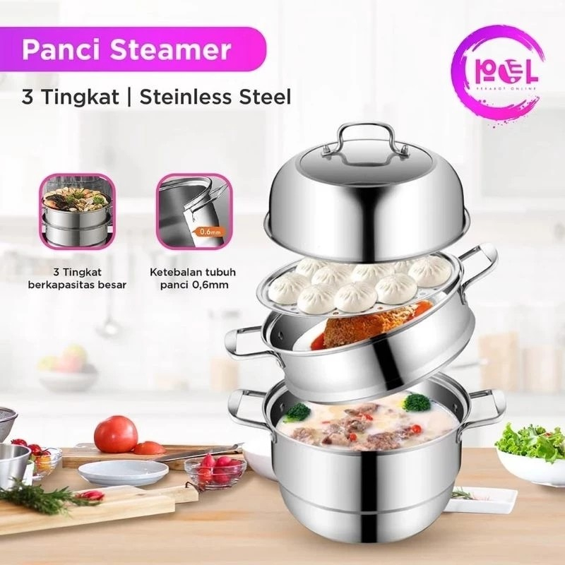 PROMO Panci Dobel Layer / Panci Kukus Panci Rebus goreng /Panci 3in1/Panci Kukus steamer susun 3 sta
