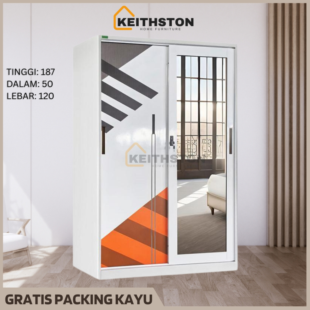 KARSINDO Lemari Pakaian 2 Pintu Besi Sliding Cermin | Lemari Baju Sleding Besi