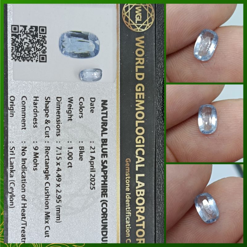 Natural Blue sapphire Ceylon 1 ct Top Kristal NH memo WGL safir Srilanka