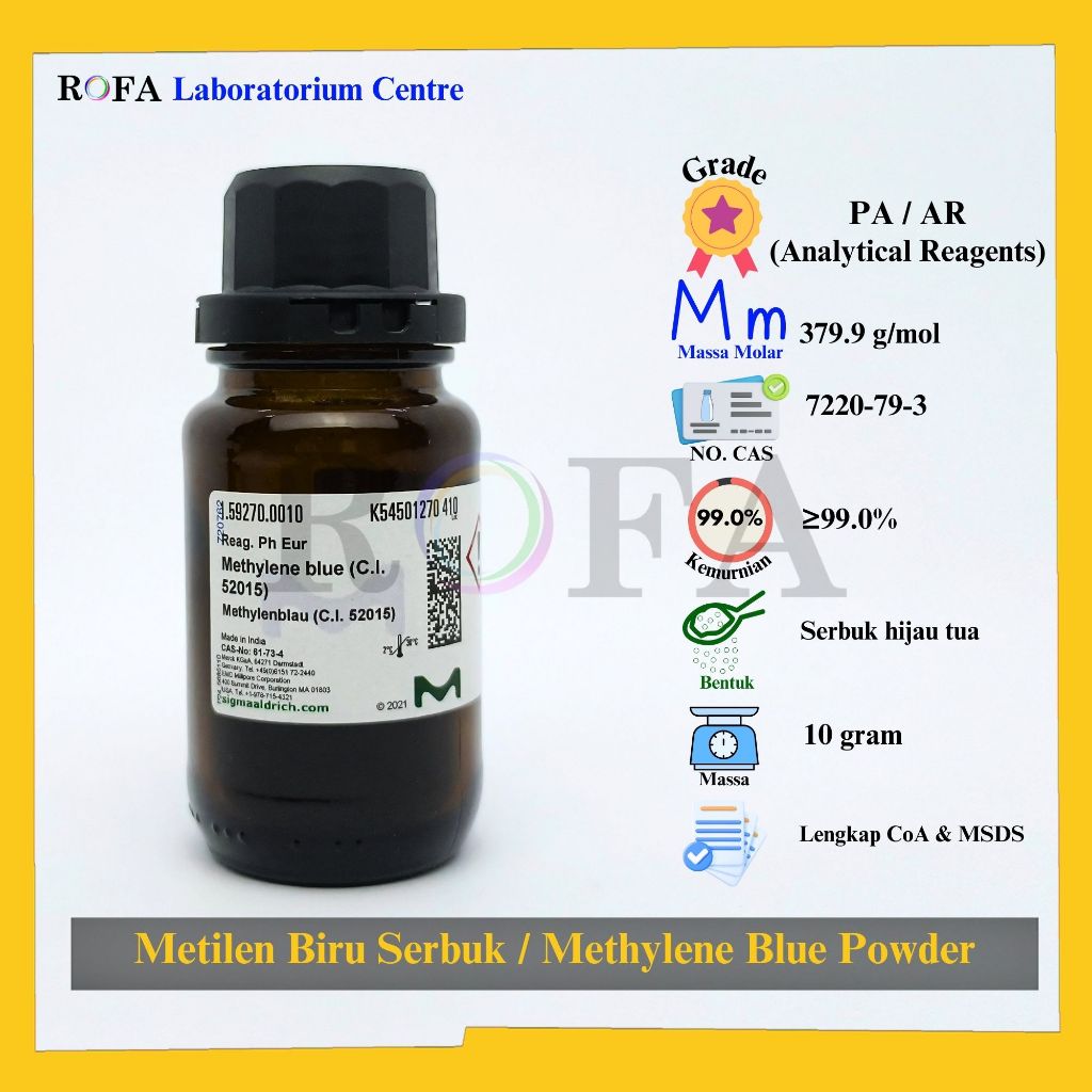 Metilen Biru Serbuk / Methylene Blue Powder / C.I. 52015 / C16H18ClN3S Pro Analisis 10 Gram