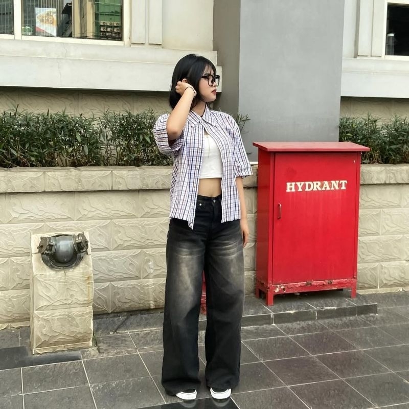 Celana Jeans Kulot Baggy Gombrong Pants Outfit Skena Gombrong Loose-fitting Y2K Shabby Chic Biru Hit