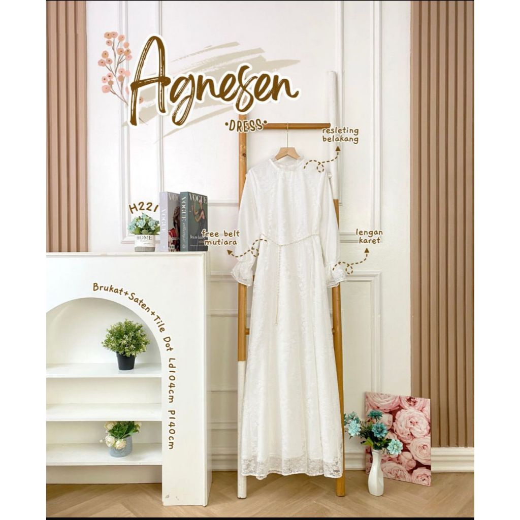 Agnesen Dress Saten Tule Brokat Gamis Putih Muslimah Premium