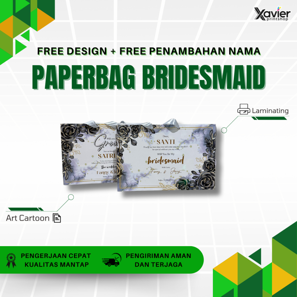 PAPER BAG BRIDESMAID UK 30 X 20 X 9 ART CARTOON 230 LAMINATING FREE DESIGN