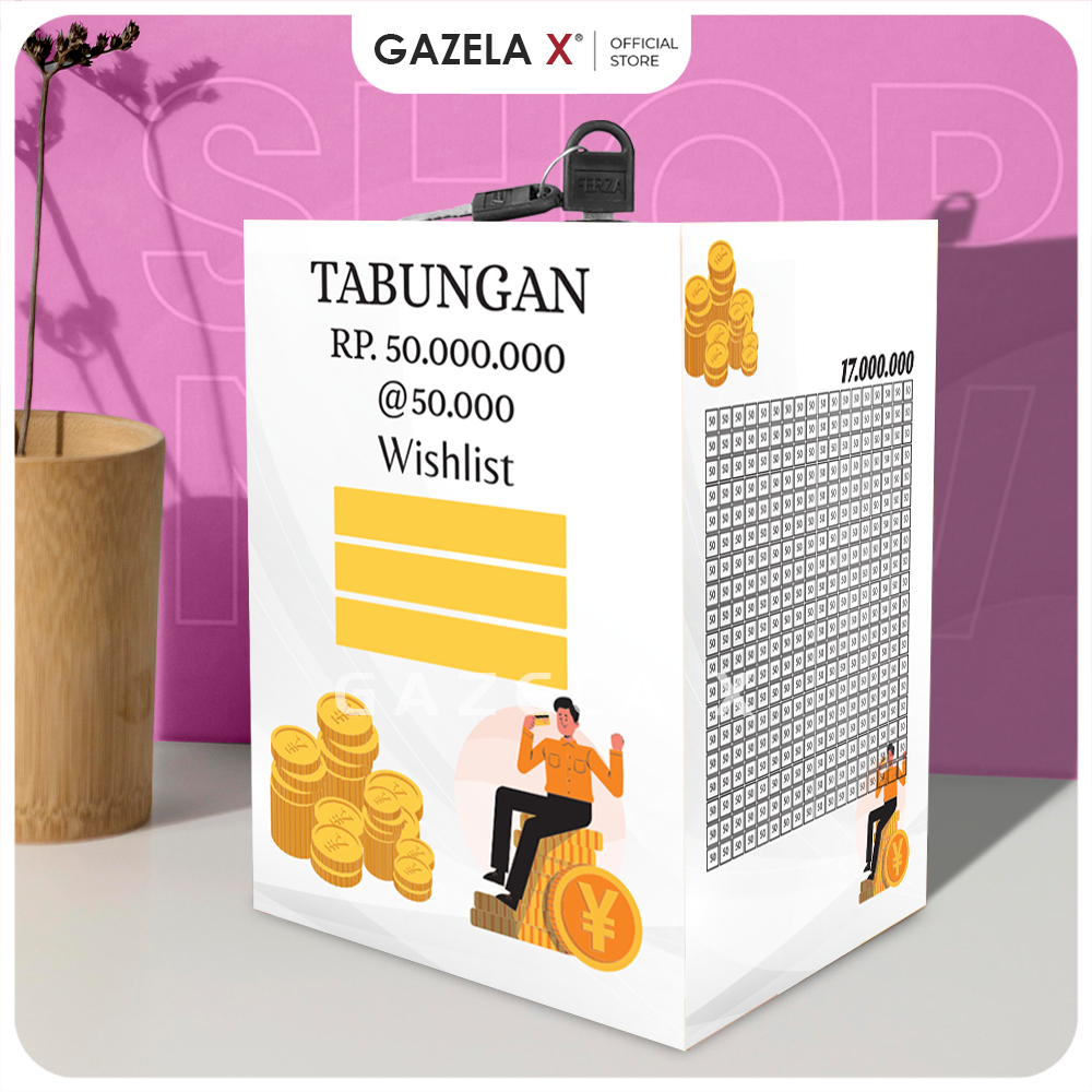 Celengan Target 50 Juta 50k Besar Kunci Gembok 15x15x20 Cm Kayu MDF Unik