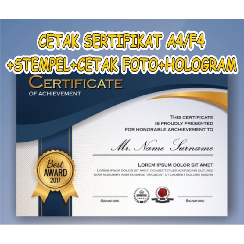 Cetak sertifikat+ cetak foto + hologram + laminating+ stempel