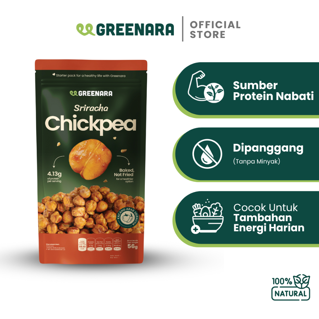 

Greenara Natural Roasted Chickpea Sriracha 56g / Kacang Arab Panggang Rasa Sriracha / Snack Sehat