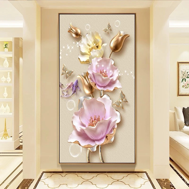Lukisan Porcelain Painting Diamond 5D - Model Bunga Elegan - Wall Decor Hiasan Dinding Mewah.