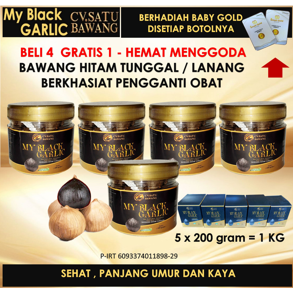 

Black Garlic Bawang Hitam Tunggal Lanang Berkhasiat CV.Satu Bawang, Hemat Menggoda, BELI 4 GRATIS 1 kemasa 200 gram x 5 = 1 kg