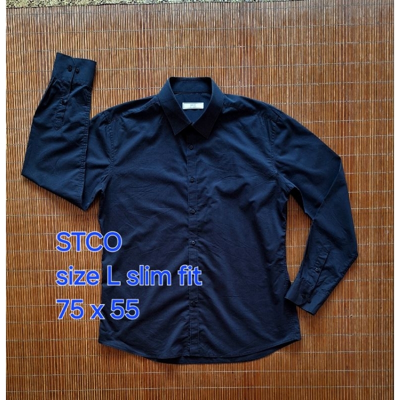 Baju Kemeja STCO Slim Fit Hitam Polos Lengan Panjang Pria
