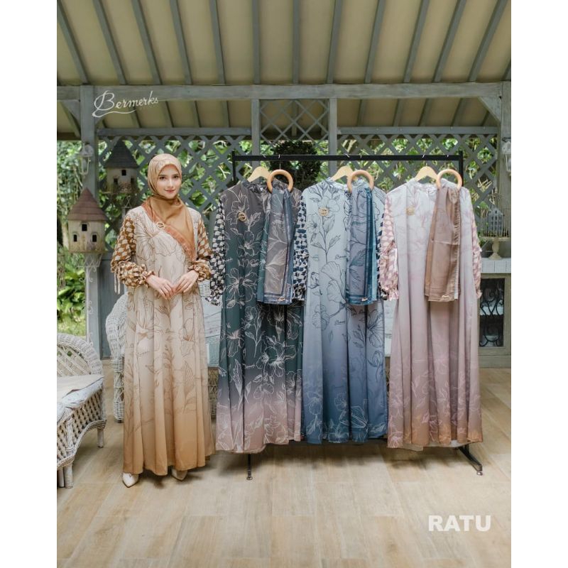 RATU Gamis Ceruty Set Hijab ORI by Bermerks Syar'i Terbaru/ Gamis Ratu Set Hijab Ory Bermerks/ Gamis