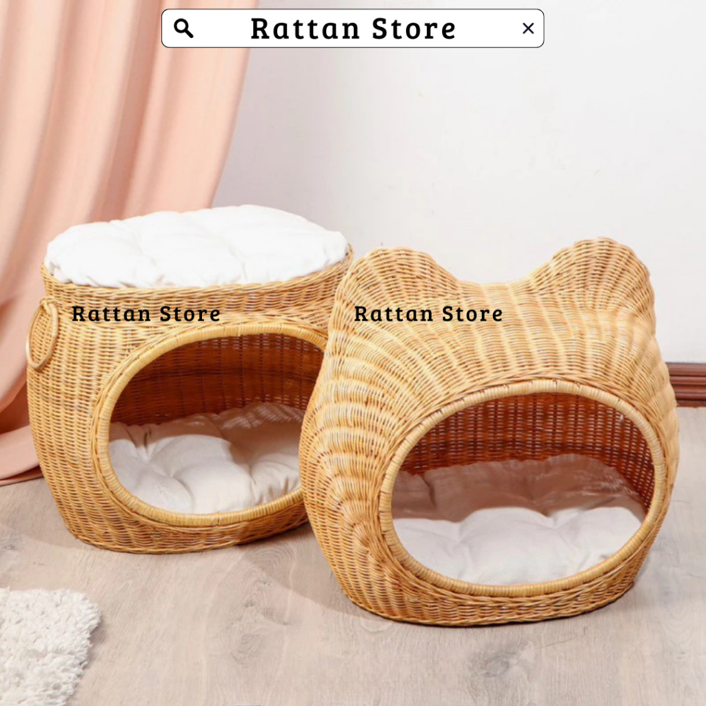 Tempat Tidur Kucing Anjing Rotan / Rumah Kucing Tingkat Rotan Hewan Peliharaan