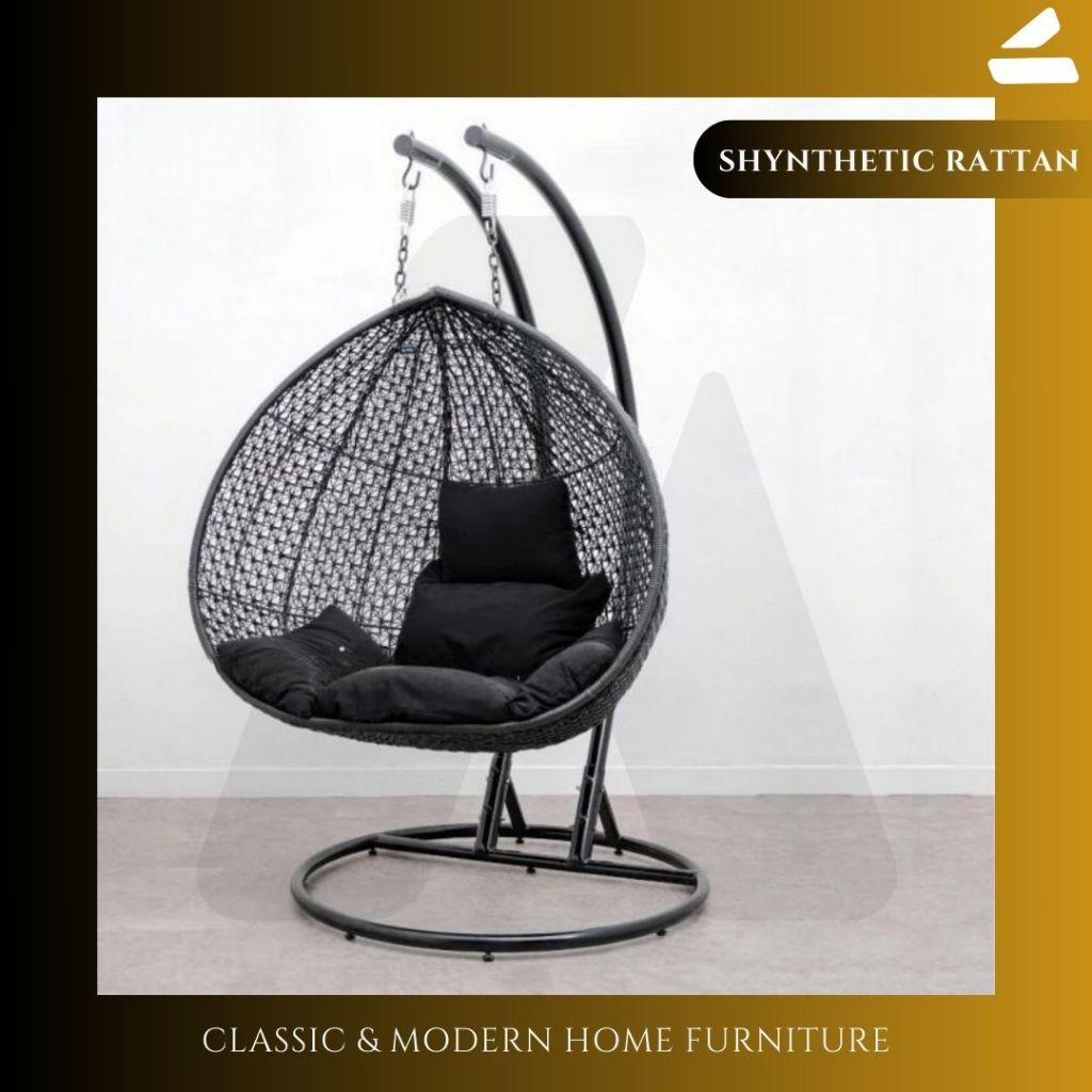 SET KURSI ROTAN AYUNAN GANTUNG SEMI JUMBO + 2 TIHANG PENYANGGA / KURSI TERAS ROTAN SINTETIS