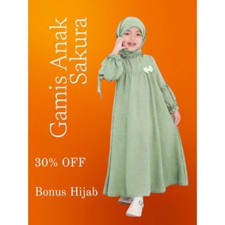 Baju Gamis Anak Perempuan Sakura Gamis Plus Hijab Crinkle Airflow Dress Muslim Cewek Harian Lebaran 