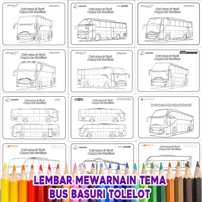 

30 LEMBAR MEWARNAIN ANAK/ COOLORING BOOK TEMA BUS BASURI TELOLET