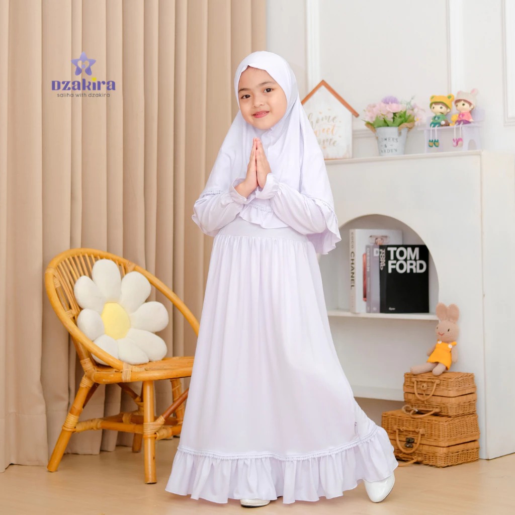 100% AMAN Gamis Anak Putih SAFIYA Dress Manasik Haji Set Hijab Usia 1-10 tahun Bahan JERSEY PREMIUM