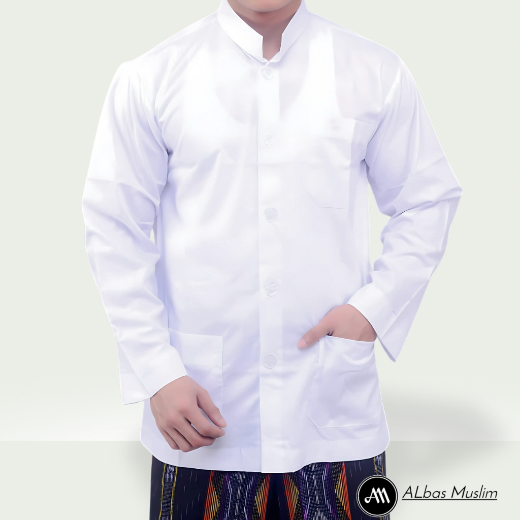 Baju Koko Pria Lengan Panjang Haibah Polos Jumbo Saku Depan Matt Toyobo Warna Putih Tulang Cerah