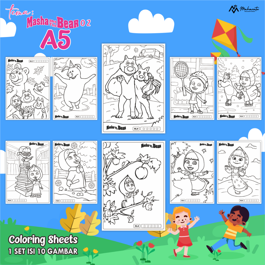 

[MARSHA AND TEH BEAR 02] KERTAS BER GAMBAR ANAK - LEMBAR MEWARNAI 1 SET READY STOCK - COLORIG SHEET FOR KIDS