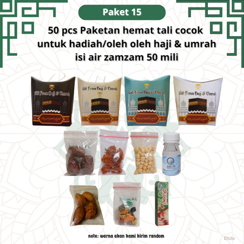 

paketan hemat cokil+almond+chandni tali 50 pcs untuk oleh oleh haji dan umroh (isi air zamzam 50 ml)