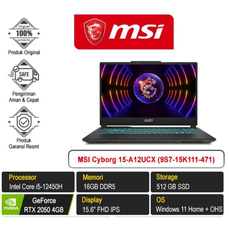 MSI Cyborg 15 A12UCX 471 Core i5-12450H 8GB 512GB RTX2050 4GB Win11 OHS