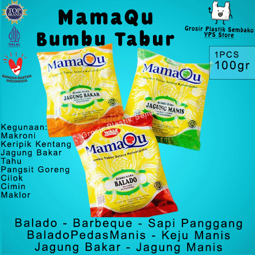 

Bumbu Tabur Instant MAMAQU 100gr Rasa Lengkap Balado, Barbeque, Sapi panggang, Balado pedas manis, Keju Manis, Jagung Bakar, Jagung Manis PCS