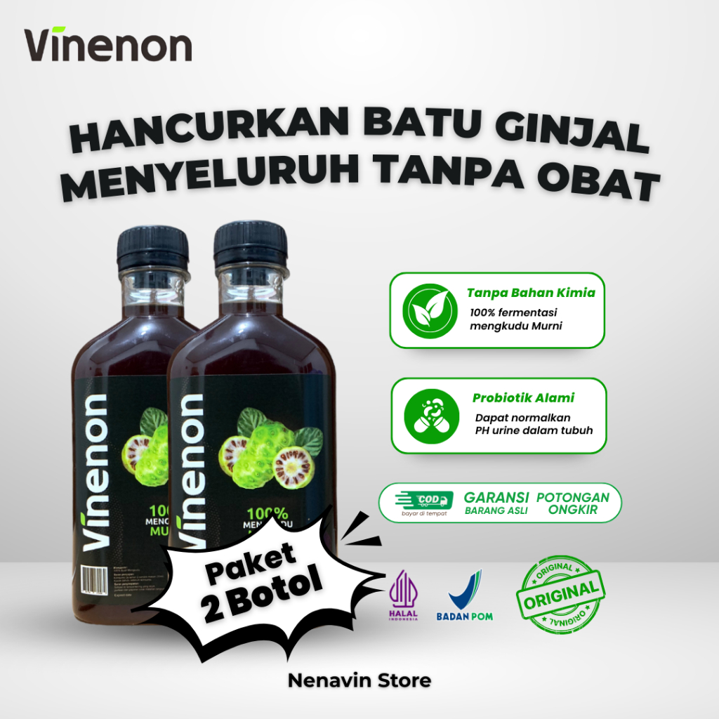 

Paket 2 Botol Vinenon Cuka Mengkudu Solusi Ampuh Hancurkan Batu Ginjal Kolesterol Asam Urat BPOM HALAL