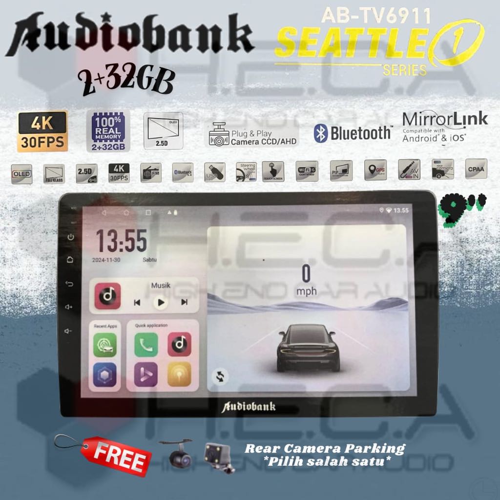 Audiobank Seattle 2/32 GB Android 9" Head Unit AB-TV6911 Double Din Tape Mobil 9 inch + Kamera Mundu