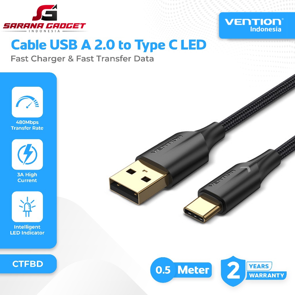 VENTION CTFBD Kabel Data USB 2.0 to Type C Fast Charging 3A with Light LED Nylon Braided Cable 50CM 